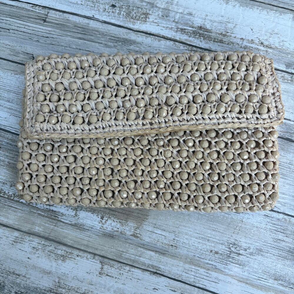 Barbara Lee Vintage Beaded Raffia Clutch Tan Beige Good Woven Made in Italy